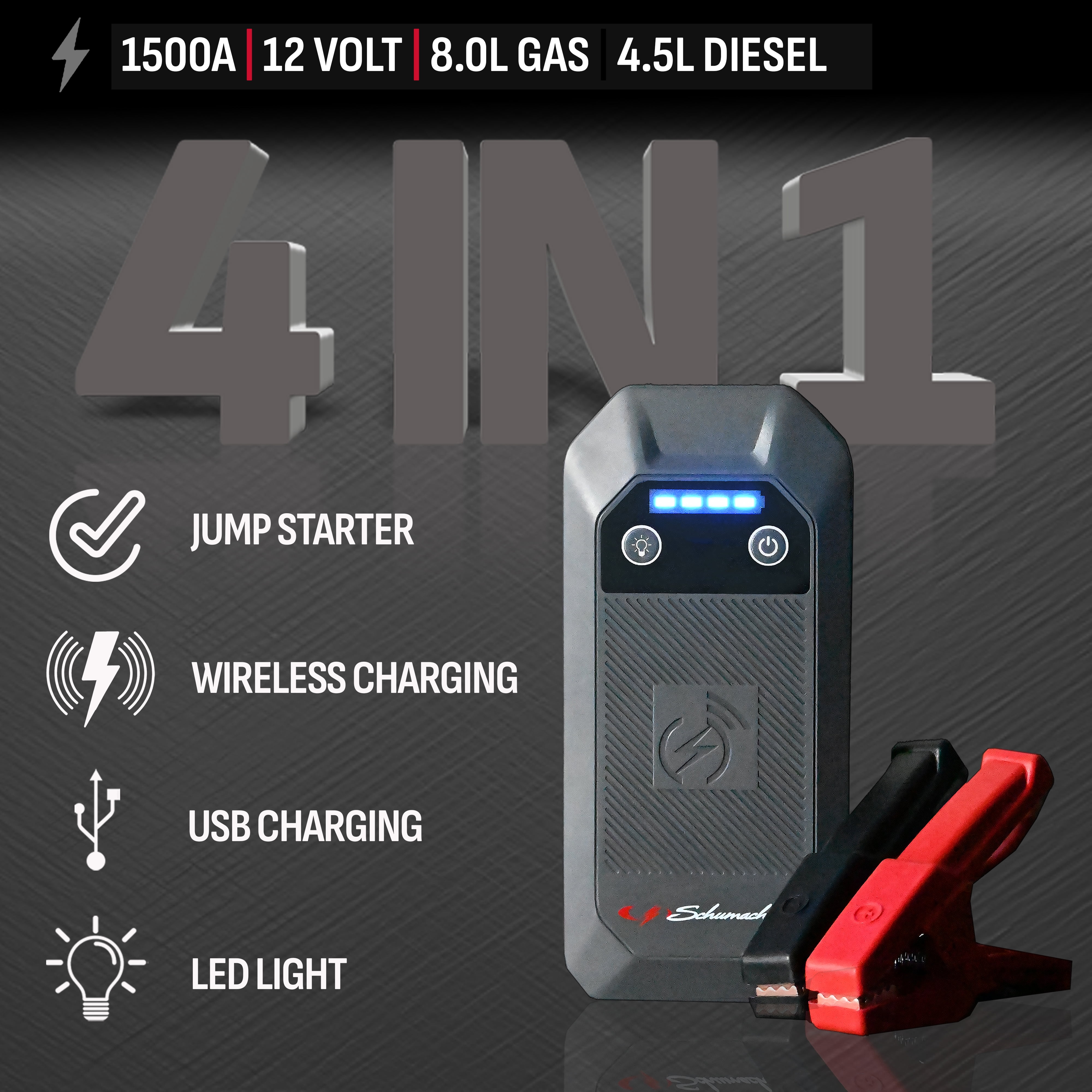 Schumacher Electric Lithium Jump Starter and Portable Power Pack SL1674, 4-in-1, 1500A, 12V, 10 Watt Wireless and 3A USB charging- works on cars, trucks, motorcycles, marine batteries, SUVs, and more