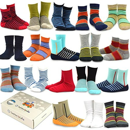 TeeHee Kids Boys Fashion Cotton Crew 18 Pair Pack Gift Box (Basic Stripe)