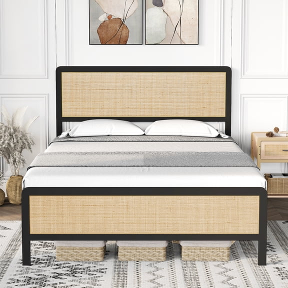 Yesurprise Queen Size Rattan Bed Frame with Headboard Boho Cane Platform Full Bed Frame with Safe Rounded Corners Strong Metal Slats Support Noise-Free