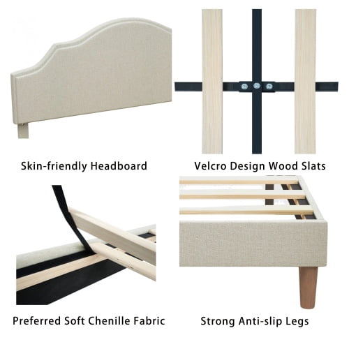 Queen Size Upholstered Platform Bed with Adjustable Headboard, Beige Linen Fabric, Modern Simple Style, No Box Spring Needed, Easy Assembly
