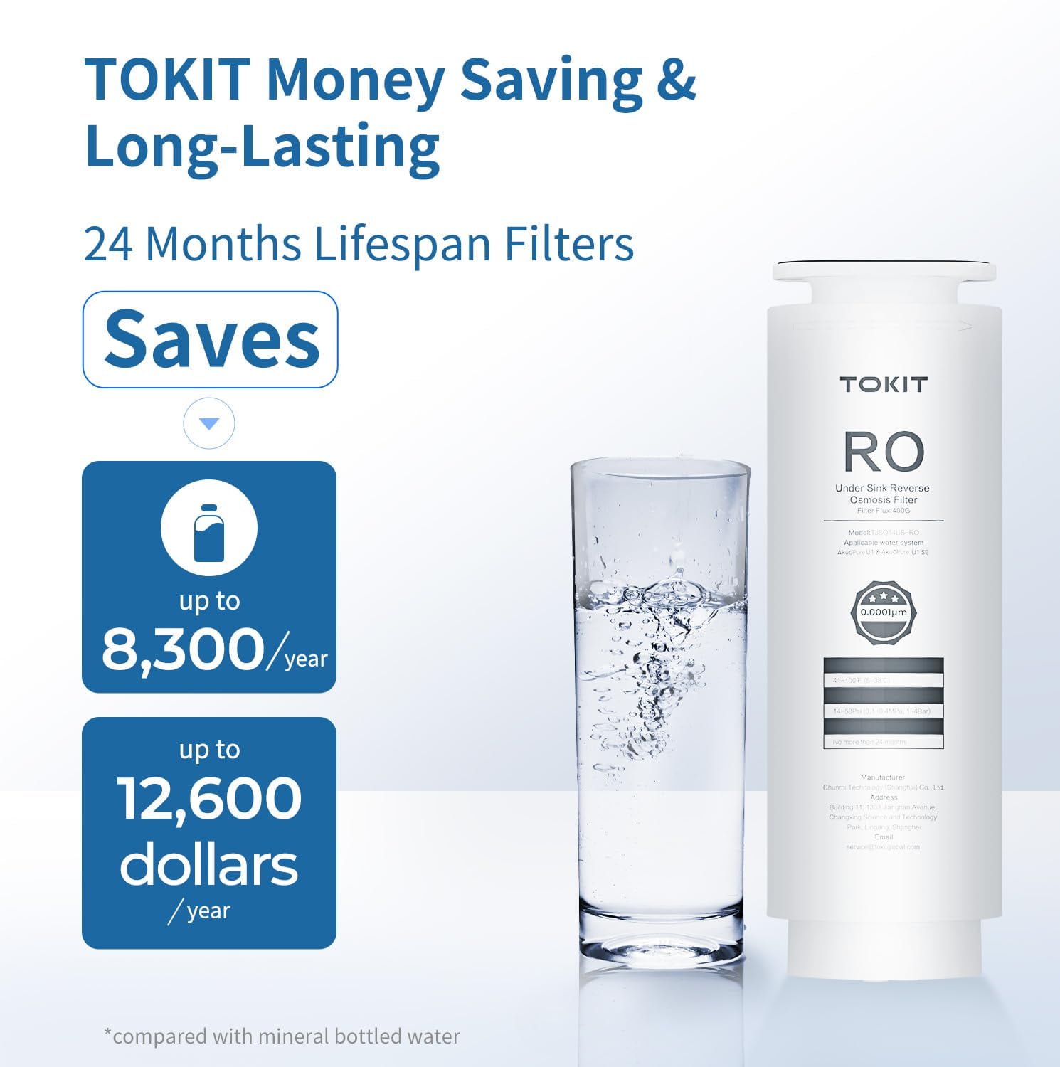 TOKIT U1 SE Under Sink Reverse Osmosis Water Filter System, 400 GPD, 2:1 Pure to Waste, Tankless, NSF/ANSI 42 & 58 Certified