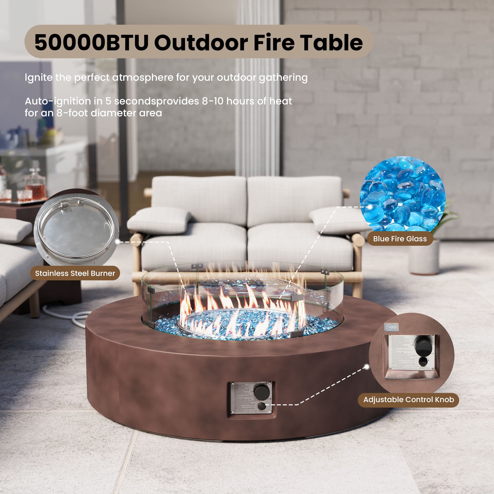 VENTOPYR 41''Round Fire Pit Table,50000 BTU Outdoor Propane Patio Fire Pit