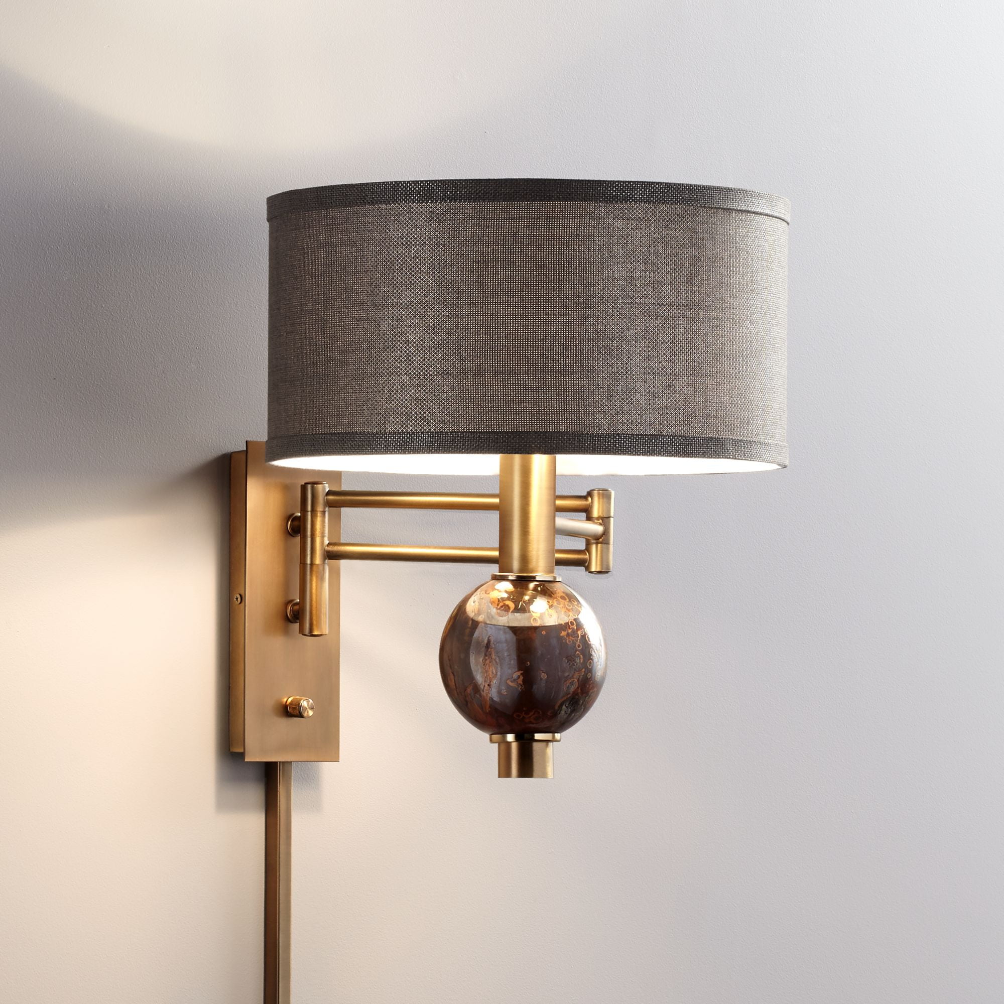 360 Lighting Modern Swing Arm Wall Lamp Painted Polished Brass Plug-In  Light Fixture Dark Taupe Drum Shade for Bedroom Living Room