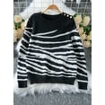 thumbnail image 4 of Women'S Casual Round Neck Long Sleeve Pullover Sweater Fall Winter Contrast Striped Shoulder Button Knit Black L, 4 of 6