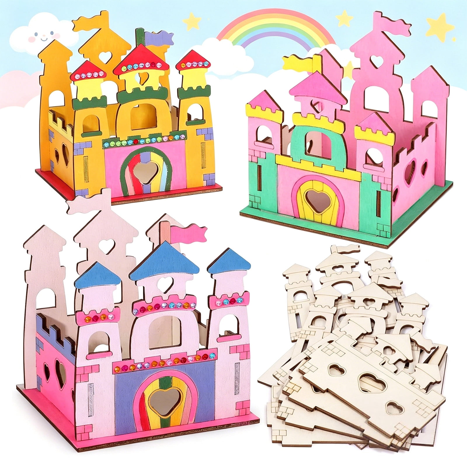 12 Sets DIY Wooden Princess Castle Craft Bulk Donate Pack for Kids, Cardboard Castle with 12 Acrylic Paints & Brushes, Ideal for Girls Birthday Party Church Christmas Donation