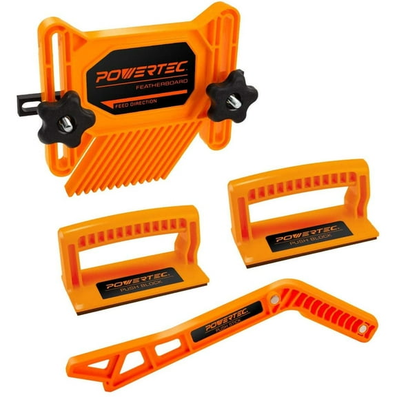 POWERTEC 4-Piece Universal Featherboard Woodworking Safety Kit w/Magnetic Push Stick and Deluxe Push Blocks for Table Saws, Router Tables, Jointers (71552)