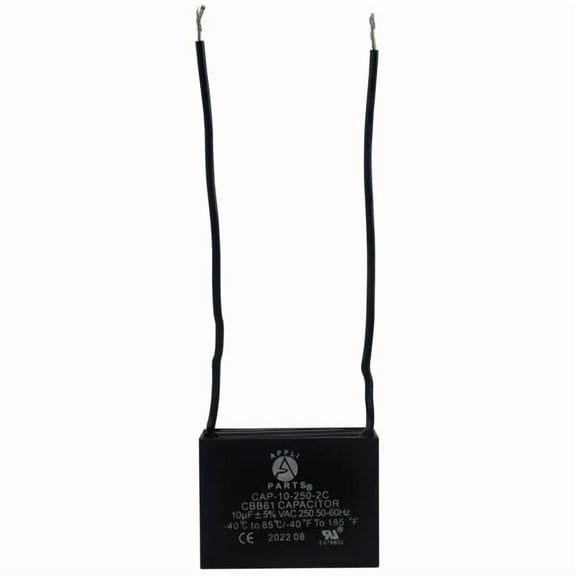 Appli Parts Fan Capacitor 10 mfd (microfarads) uf 250 VAC with 2 Wire Terminal Connections compatible with any brand with same capacitance 1-7/8in Width 1in depth 1-1/2in Height CAP-10-250-2C