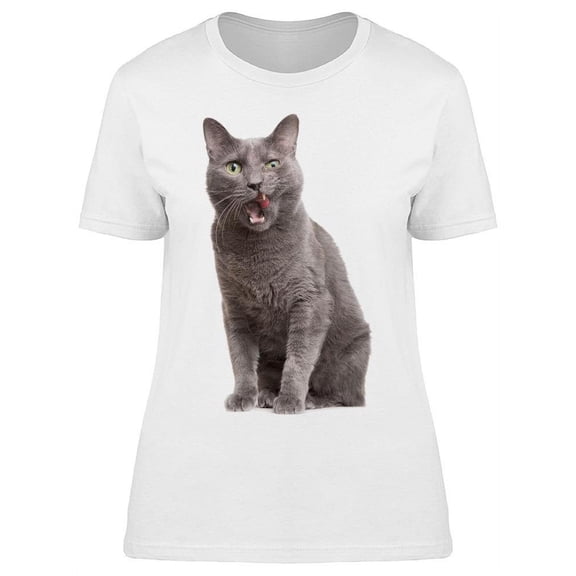 Licking Russian Blue Cat  T-Shirt Women -Image by Shutterstock, Female XX-Large