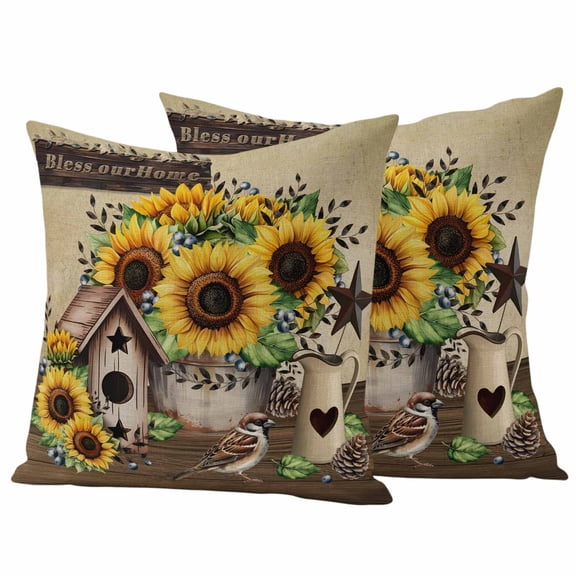 Farmhouse Sunflowers Outdoor Waterproof Pillow Covers, Western Star Vintage Sparrows Decorative Square Throw Pillowcase Sofa Cushion Sham for Patio/Couch/Chair, 24"x24" 2 Pack