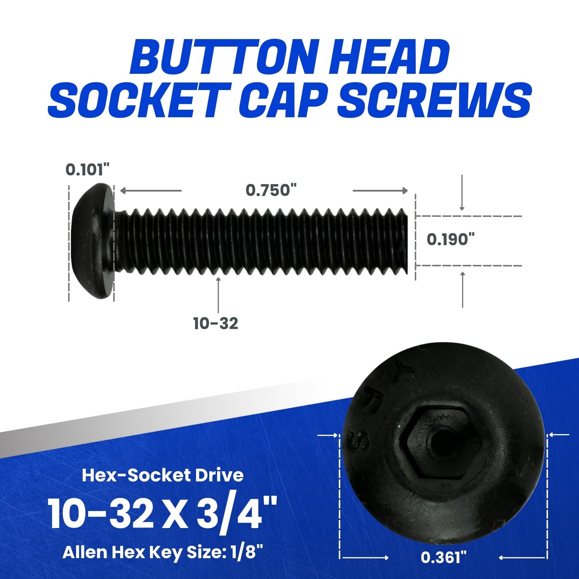 Fastenere Button Head Socket Cap Screws - 10-32 x 3/4" (100-Pcs) Alloy Steel, Fully Threaded, Fine Black Oxide Finish, Corrosion-Resistant, Machine Thread, Easy to Install w/ Allen Hex Drive