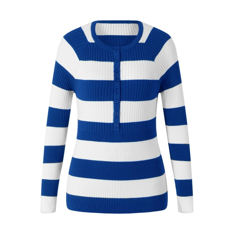 EYIIYE Women Spring Fall Casual Stripes Knit Sweater Long Sleeve Contrast Color 1 2 Button Pullover Tops Club Streetwear