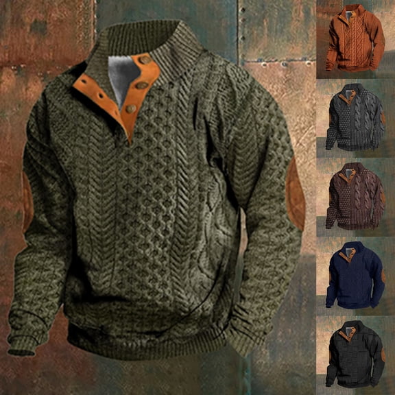 Men's Fake Sweater Stripe Print Stand Collar Sweatshirt with 3 Buttons, Outdoor Casual Button Front Pullover,Army Green,L