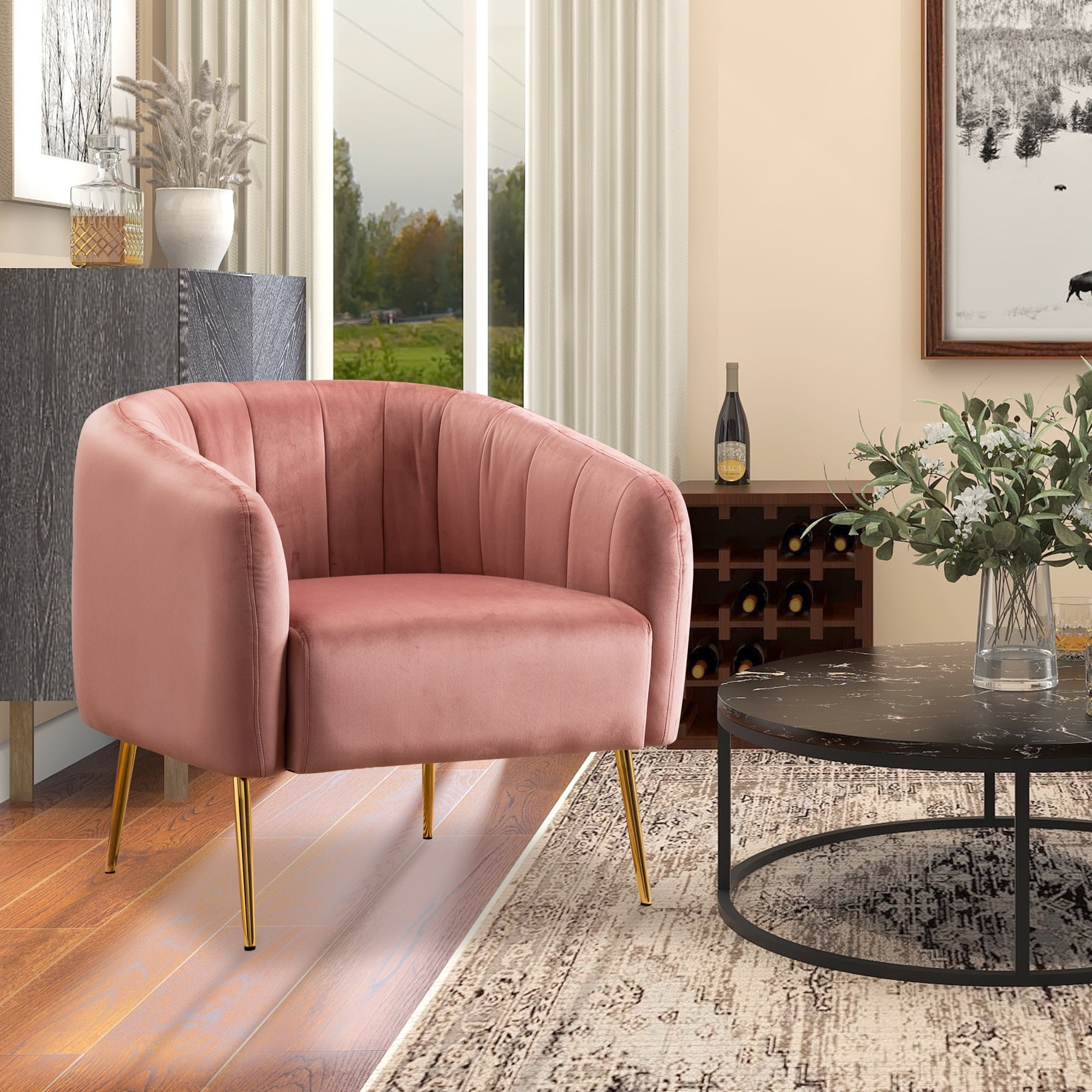 Pink Velvet Upholstered Accent Arm Chair for Living Room, Bedroom