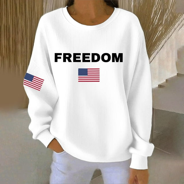 White Women's Freedom American Falg Print Round Neck Sweatshirt A True Patriot Shirt Long Sleeve