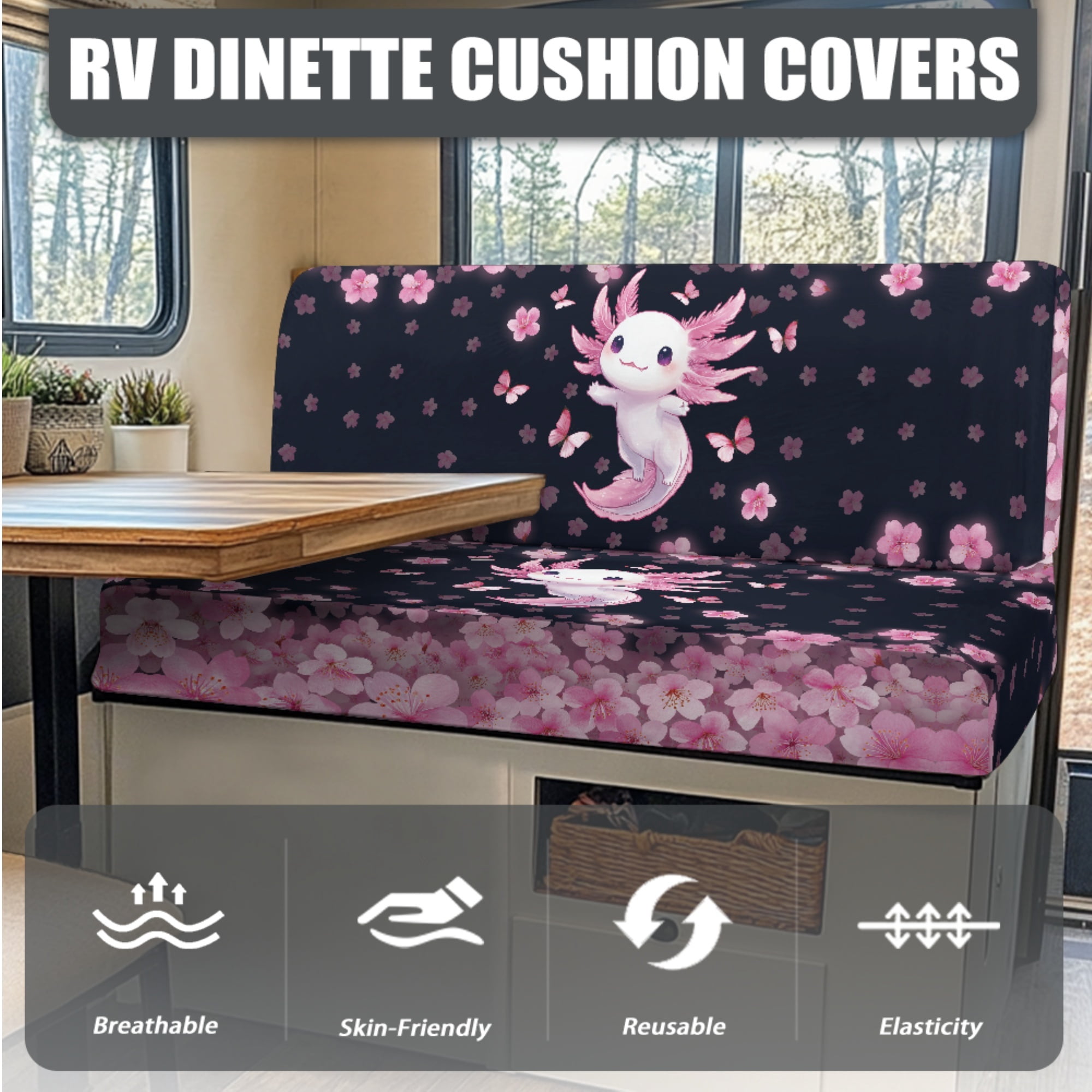 FOR U DESIGNS Axolotl Cherry Blossom Print 3 Pcs RV Dinette Cushion Covers Elastic Camper Seat Covers with Pillowcase, Stretch Loveseat Sofa Chair Cover Furniture Protector for RV Camper Bench