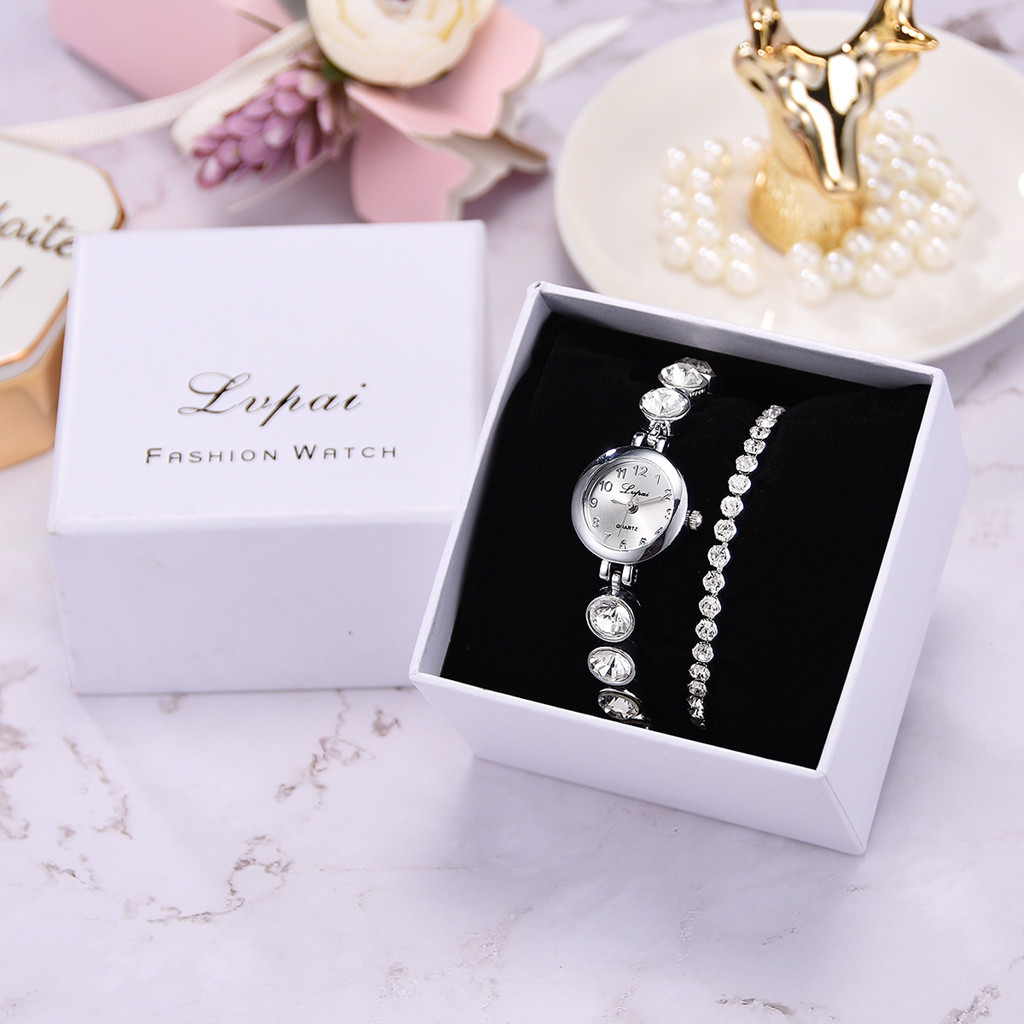 Gobestart 3pcs/Set Luxury Fashion Simple Dial Steel Strip Watch Full Diamond Bracelet