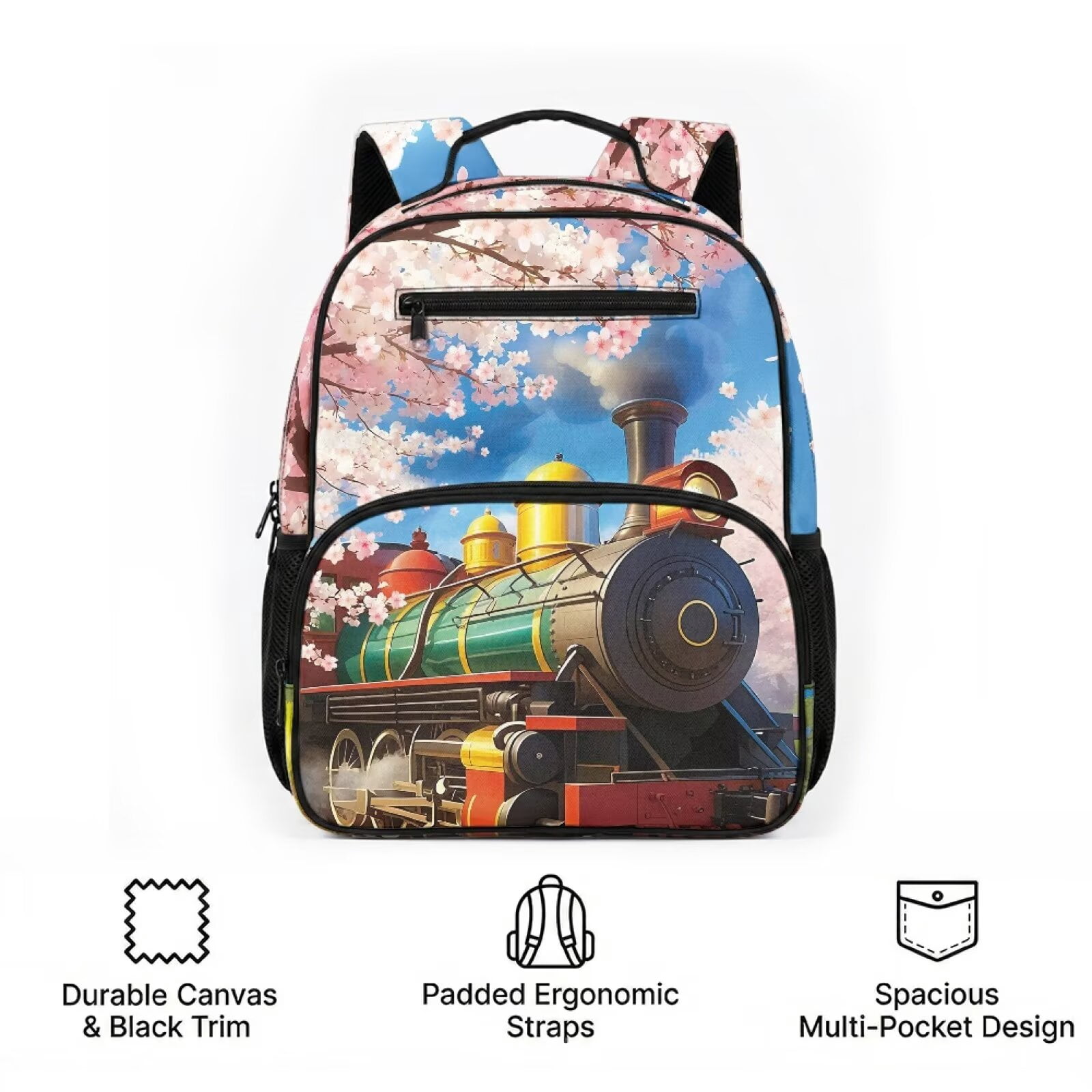 Pzuqiu Cherry Blossom Steam Train 13.5 Inch Kids School Backpack Breathable Lightweight Bookbag for Boys Girls Preschool Kindergarten Daycare with Adjustable Padded Straps