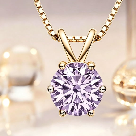 Women's Light Purple Round Stone Pendant Necklace, Gold-Tone Solitaire Necklace, Elegant Fashion Commuter Necklace for Women