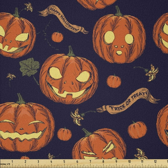 Lunarable Pumpkin Fabric by The Yard, Halloween Themed Celebratory Banners Trick or Treat and Carved Pumpkins, Microfiber Fabric for Arts and Crafts Textiles & Decor, 1 Yard, Orange Indigo
