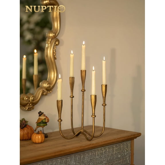 Nuptio 5 Candle Cast Iron Candelabra Centerpieces for Tables,Brass Gold Candlestick Holders Vintage Fireplace Mantel Table Centerpiece Wedding Event 15 inch