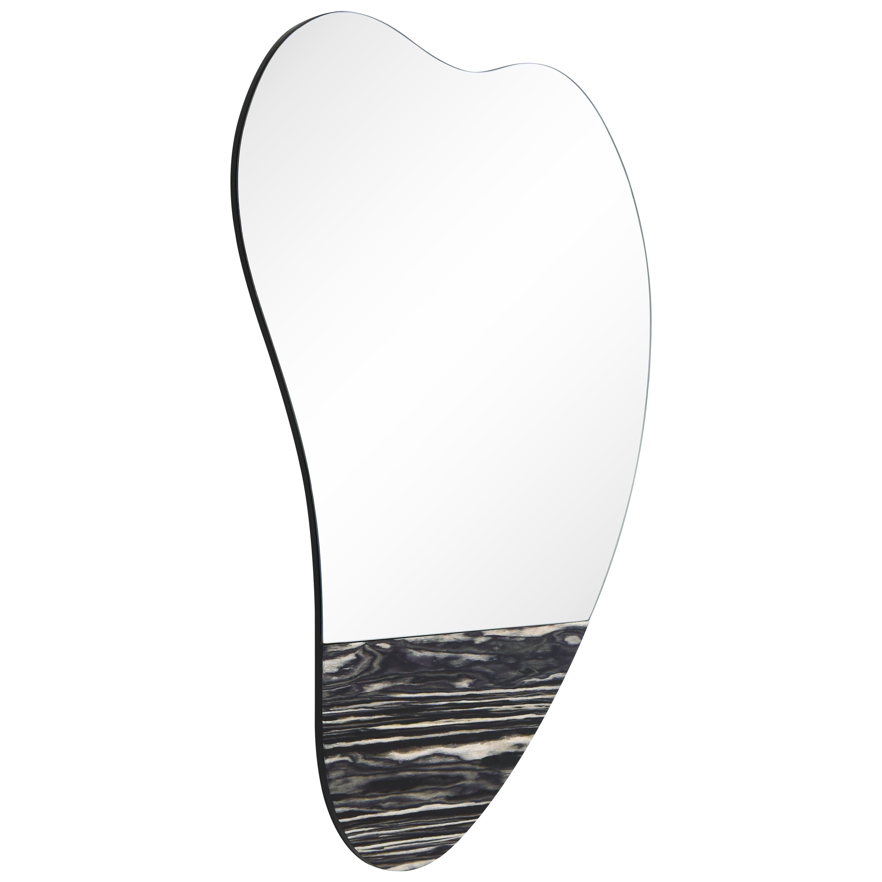 "Curved Harmony Wall Mirror", 36"x24" Irregular Frameless Mirror Featuring Exotica Stained Veneer Accents