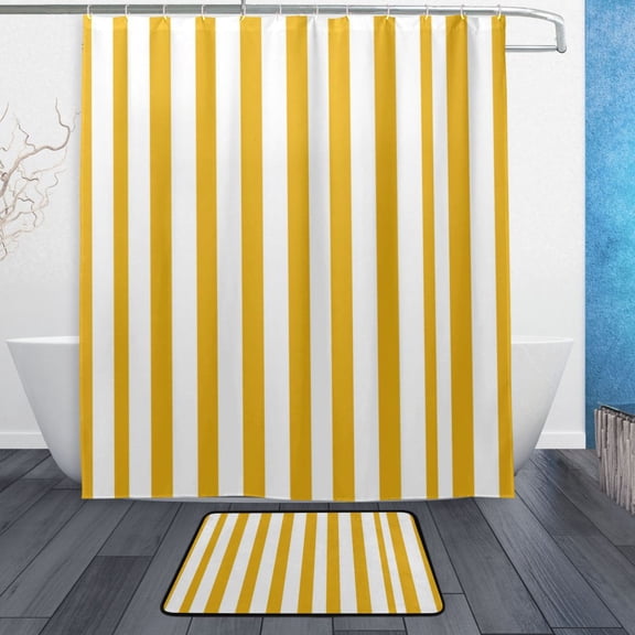 TTYFWHD 60" x 72" Shower Curtain and Bath Mat Set Yellow Sunny Stripe Pattern Waterproof Bathroom Curtain with 12 Hooks, Bathroom Decor Set