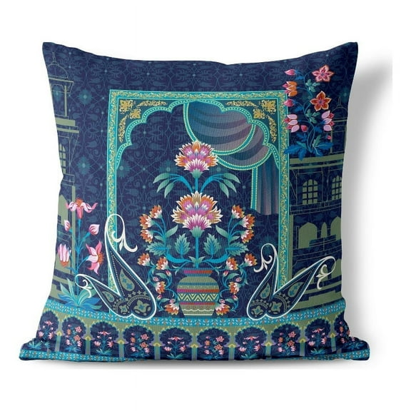 Mughal Paradise Indoor/Outdoor Pillow with Removable Cover in Blue 16x16