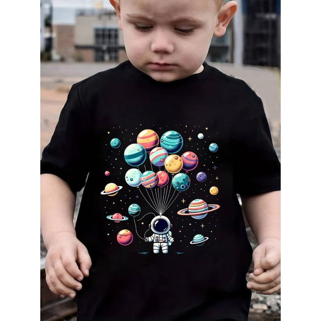GOURD DOLL Astronaut Planet Print Boys Casual T-shirt, Crew Neck Short Sleeve Tops, Cotton Slight Stretch Fabric for Children