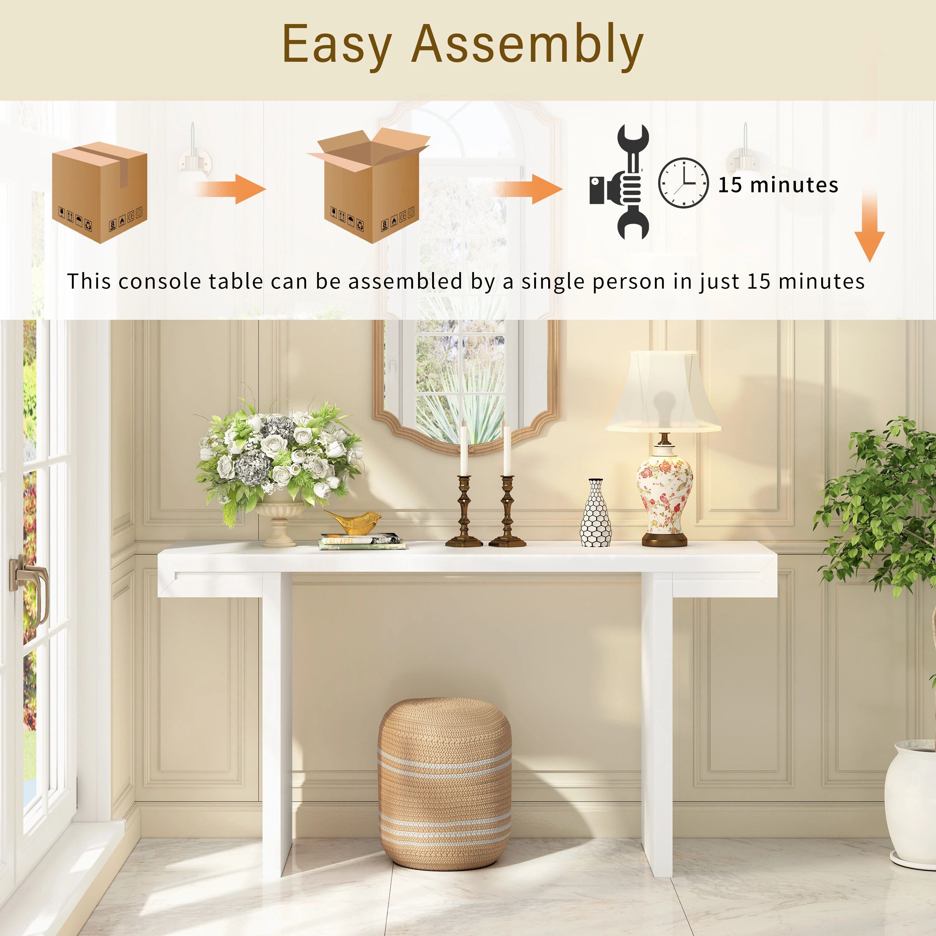 Euroco 60 Inch Long Console Table, Modern Entryway Table with Adjustable Feet & Painted Finish, Suitable for Living Room, Hallway,Entryway,Foyer,White