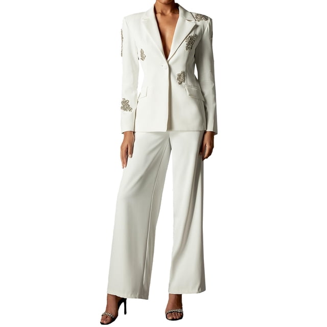Conjunto blazer BELLA BARNETT Diamante de 2 piezas para mujer, color blanco