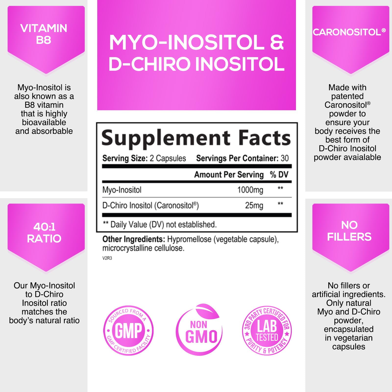 Myo Inositol Supplement & D Chiro, Premium 40:1 Ratio Myo-Inositol & D-Chiro, Natural Balance & Ovarian Health Support, Vitamin B8 Supplement - 60 Capsules (30 Day Supply)