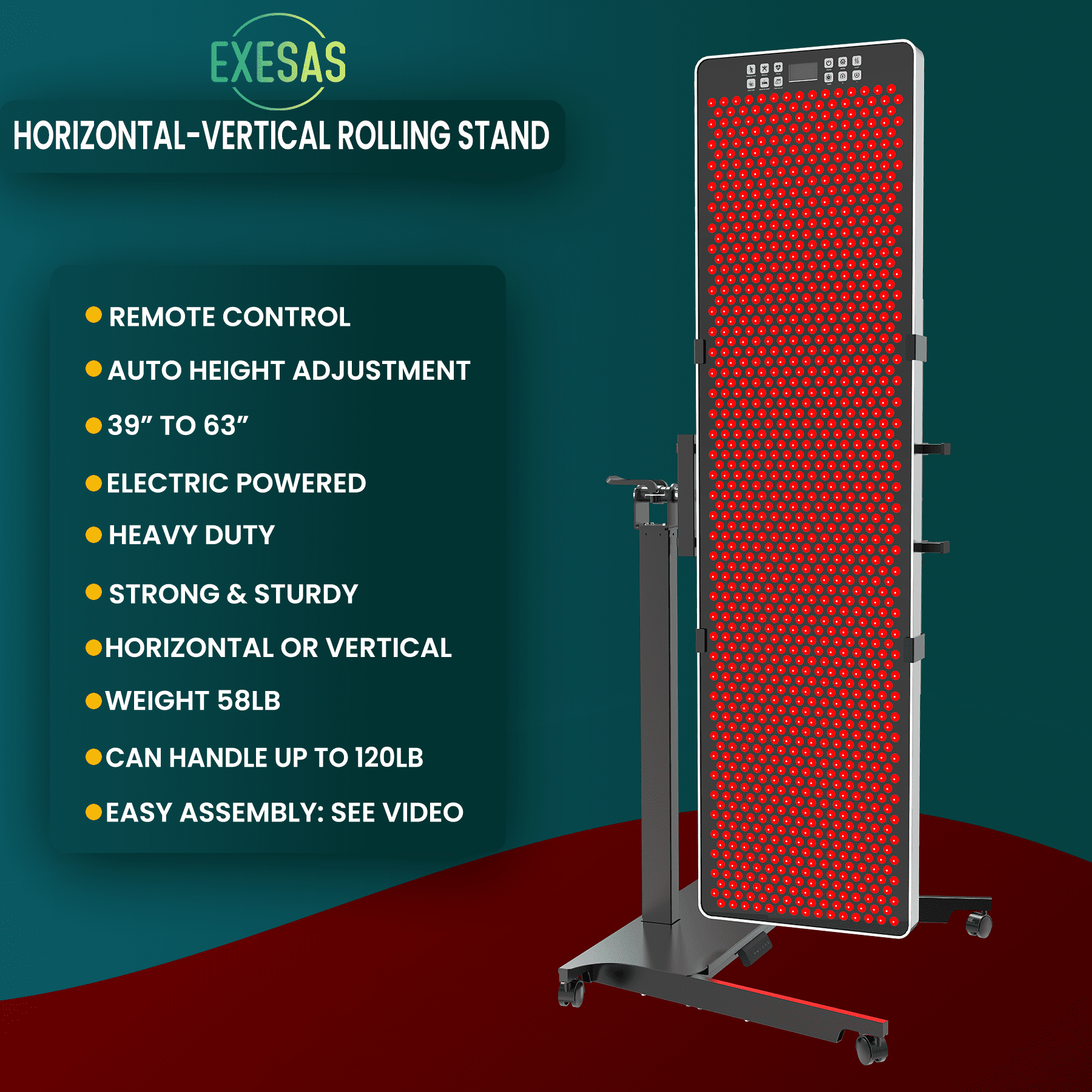 Automatic Powered Horizontal Rolling Stand for EXESAS Red-Light Therapy Panels with Remote Control, (Panel Sold Separately)