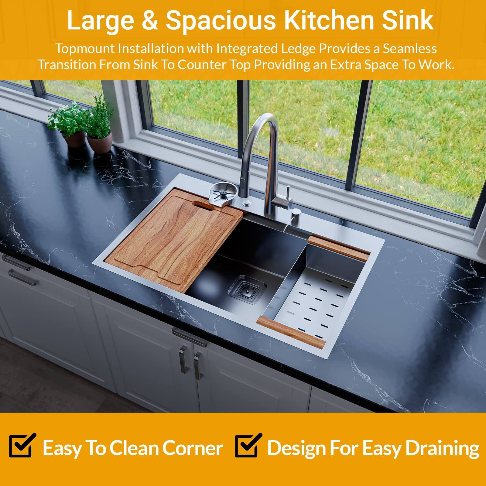 Strictly Sinks 33" Topmount Kitchen Workstation Black Single Bowl 16ga Stainless Steel Drop In Sink