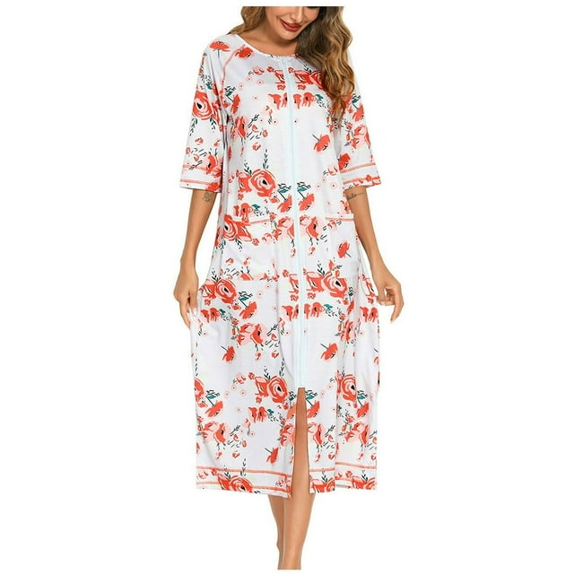 LNGOOR Robes pour Femmes Robe à Glissière Robe de Nuit à Manches 3/4 Vêtement de Nuit Robe d'Intérieur Longueur Complète Déshabillés Vêtements de Détente avec Poches Pyjama Ample