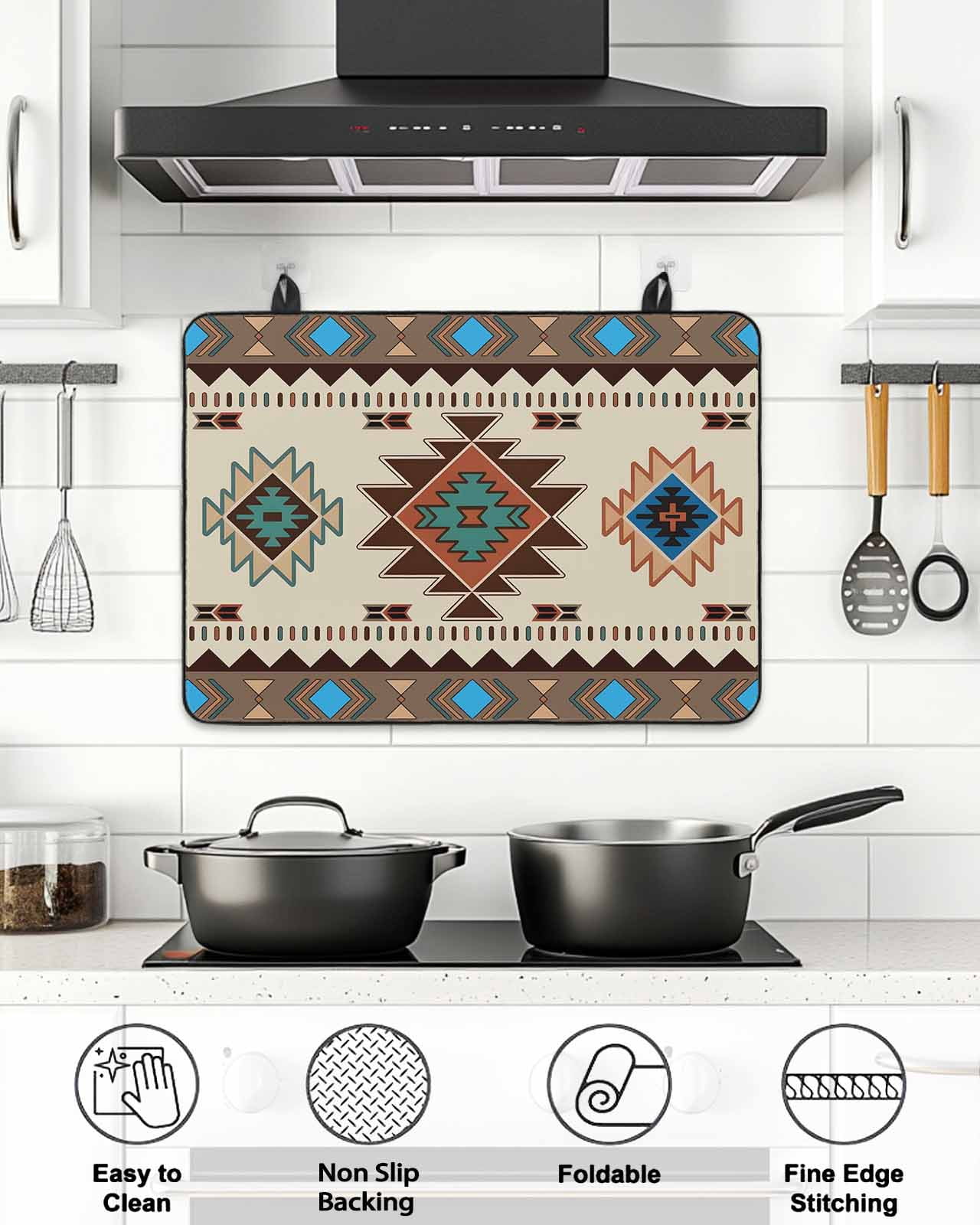 Stove Top Covers for Electric Stove, Boho Southwest Glass Stovetop Cover Protector, Farmhouse Aztec Tribe Brown Blue Plaid Induction Cooktop Protector Oven Mat for Kitchen Countertop 24"x21"