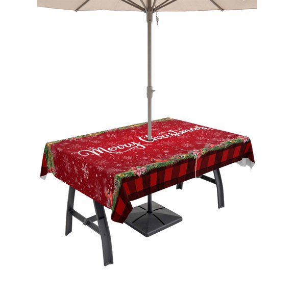Outdoor Tablecloth with Umbrella Hole and Zipper, Red Plaid Christmas Rectangle Table Cloth 60x120 Inch Waterproof Tablecloth, Xmas Snowflake Poinsettia Botanical Picnic Table Cover for Patio Camping