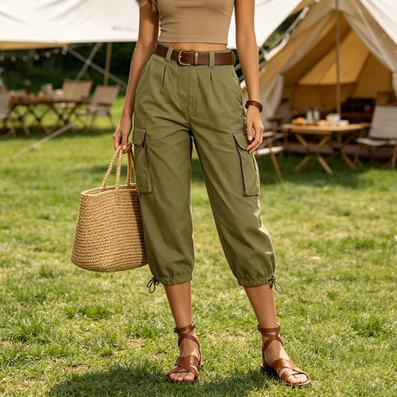 ClodeEU Women's High Waist Cropped Cargo Pants,Casual Capri Trousers with Pockets Army Green,Women's Plus L