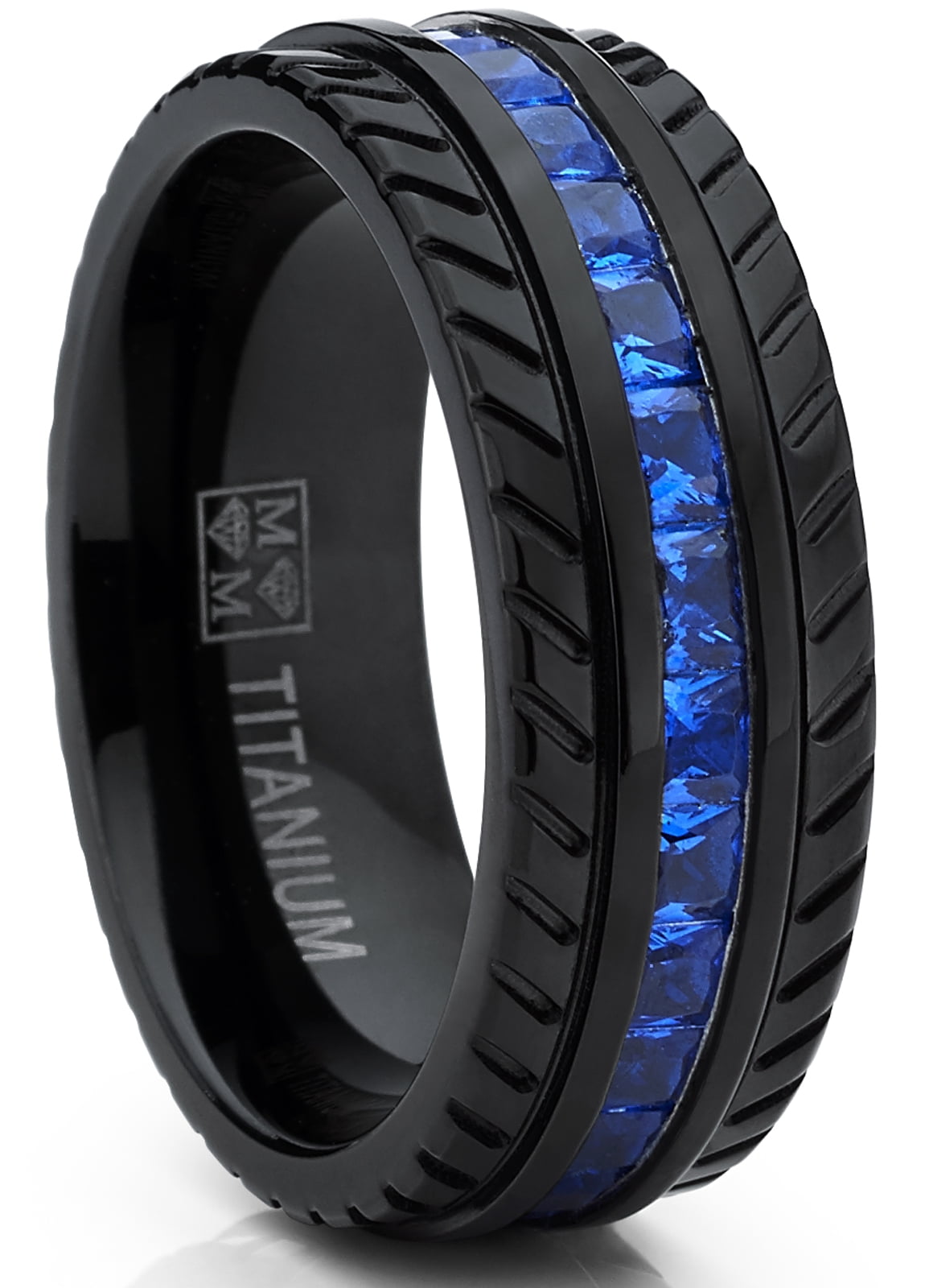 Men's Black Titanium Wedding Band, Engagement Eternity ring  W/ Princess Cut Deep Blue Cubic Zirconia CZ 8