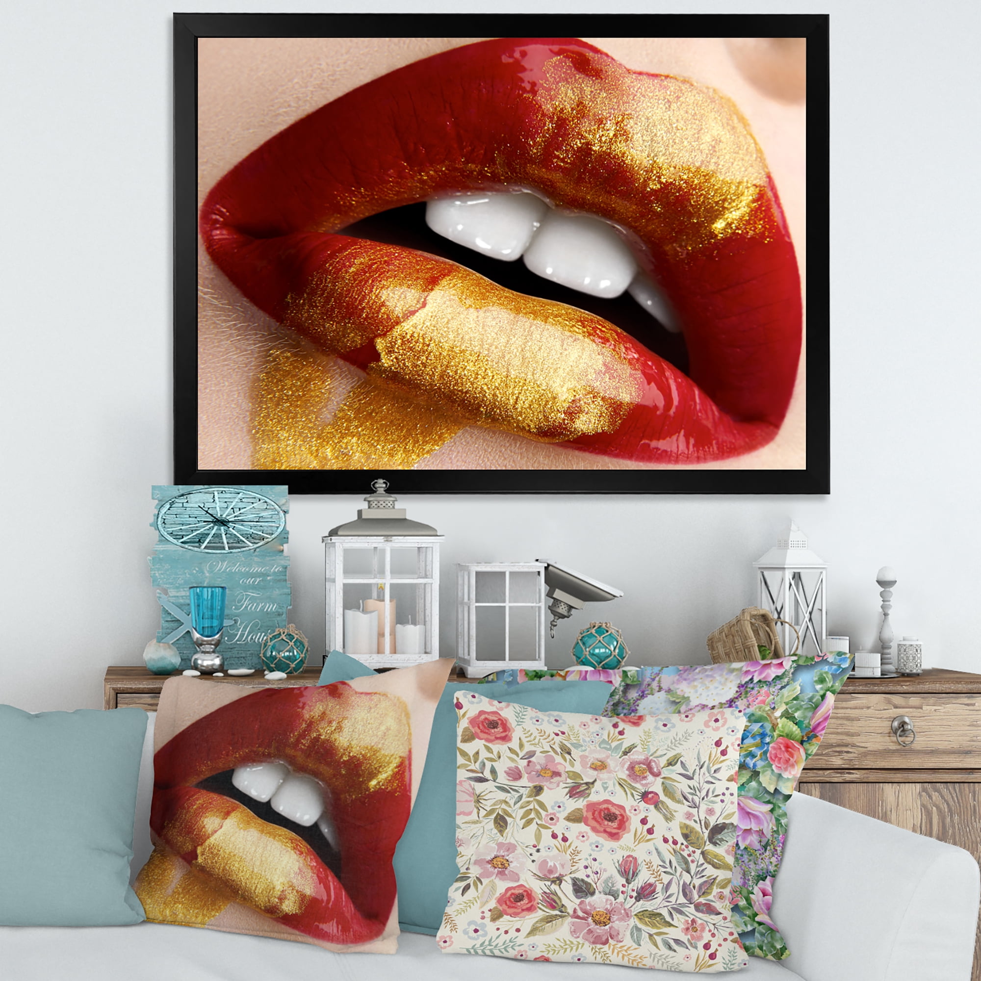Designart 'Plump Woman Lips With Gold and Red' Modern Framed Art Print