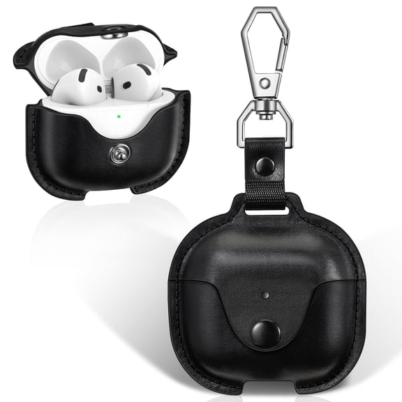 Fintie Case for AirPods 4 (2024) – Premium PU Leather Protective Cover with Metal Snap Closure, Keychain Carabiner, Supports Wireless Charging, Anti-Lost Design, Black