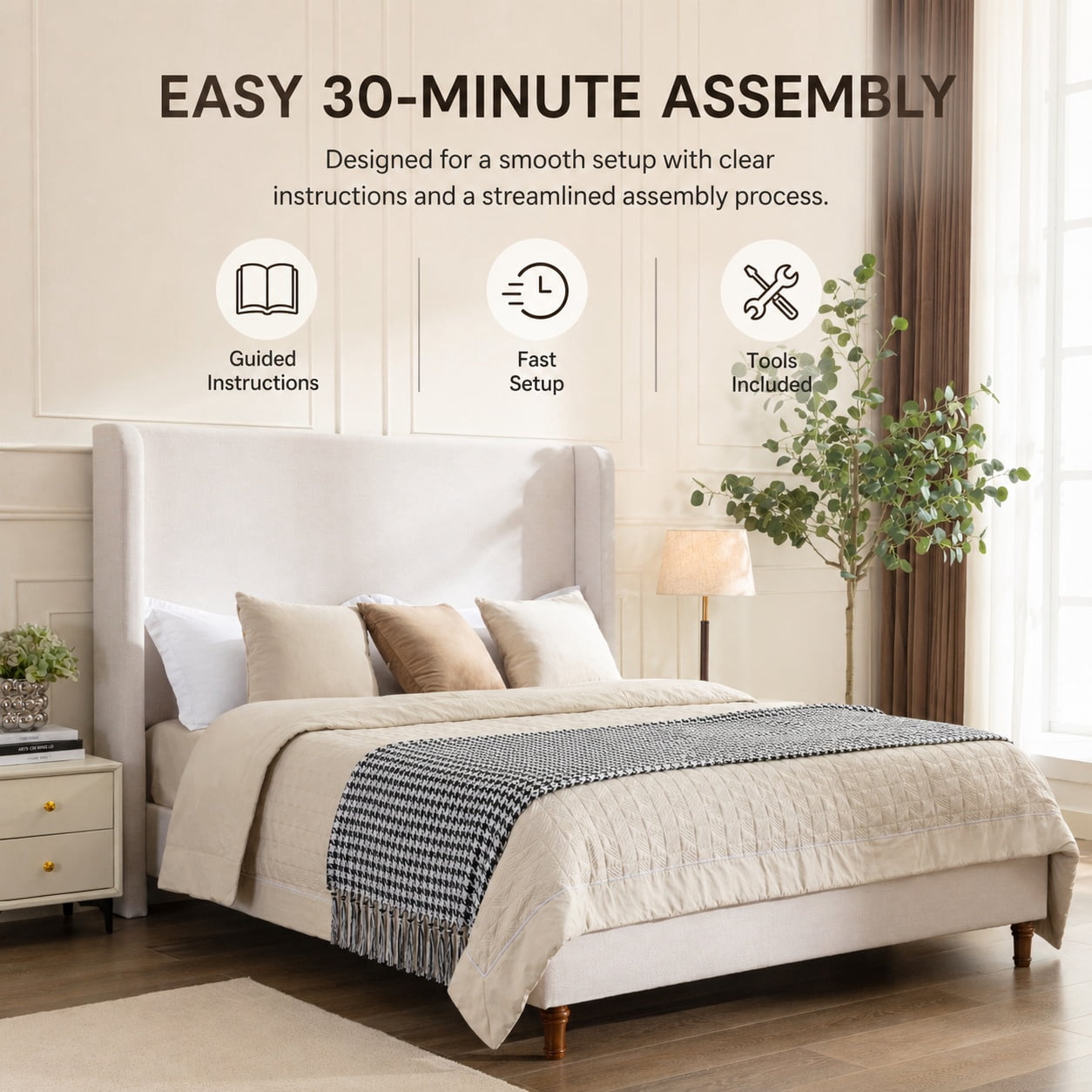 Miniyam King Size Upholstered Platform Bed Frame with Wingback 54 in. Headboard, Ivory