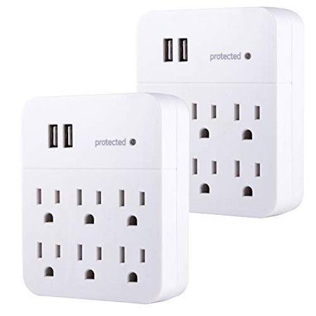 GENERAL ELECTRIC 6-Outlet 2 Usb Charging Station Surge Protector Adapter  2 Pack  Wall Tap  Protected Indicator Light Outlet  3 Prong  560 Joules  White  53871