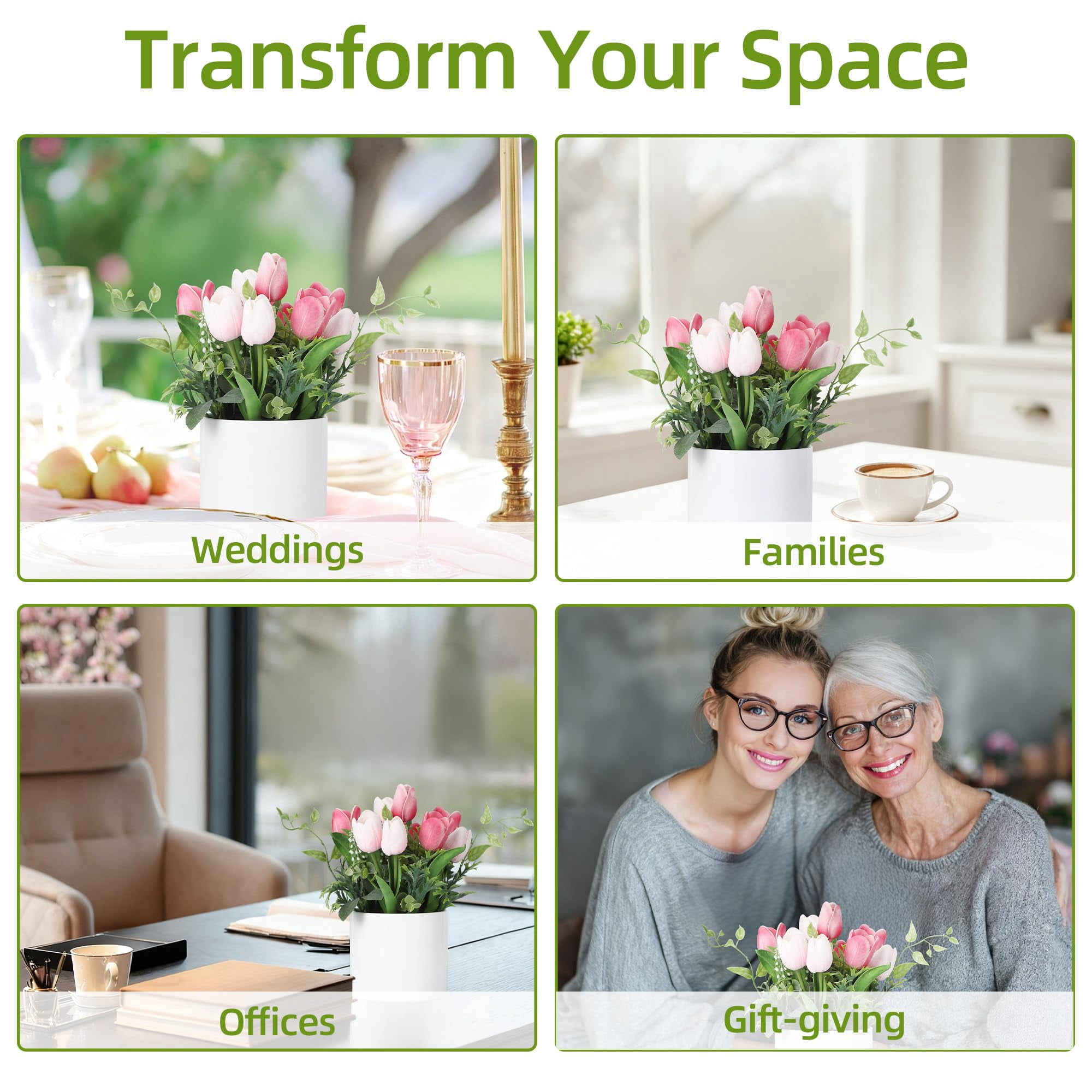 10 Pcs Artificial Tulips Flowers with Ceramic Pot, UV Protected PU Fake Floral Arrangement for Home Office Table Centerpiece, Mother's Day & Spring Decor,