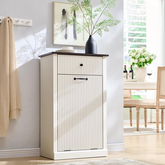 Modern Tilt-Out Trash Can Cabinet, Fluted Laundry Hamper Cabinet with Drawers, Wooden Hidden Garbage Can Cabinets with Storage Basket, Free Standing for Kitchen and Living Room