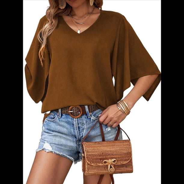 Blusas de Verano para Mujer, Elegantes, Informales, con Mangas 3/4 y Cuello en V, para Trabajo y Negocios Marrón Oscuro M
