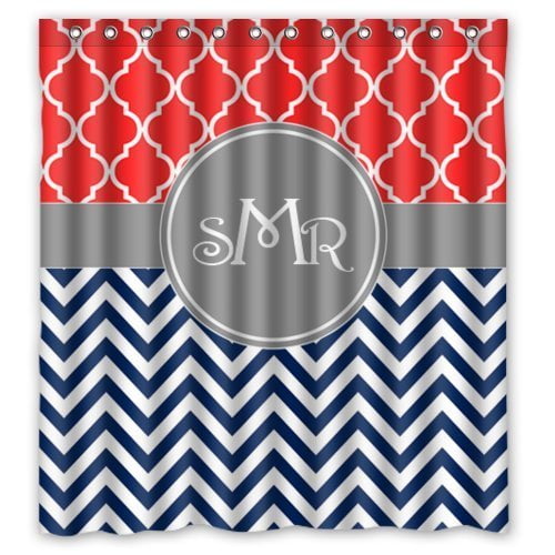 navy blue and coral shower curtain