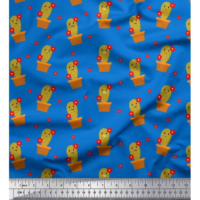 Soimoi Blue Poly Georgette Fabric Floral,Cactus & Pot Garden Accessories Print Fabric by the Yard 42 Inch Wide