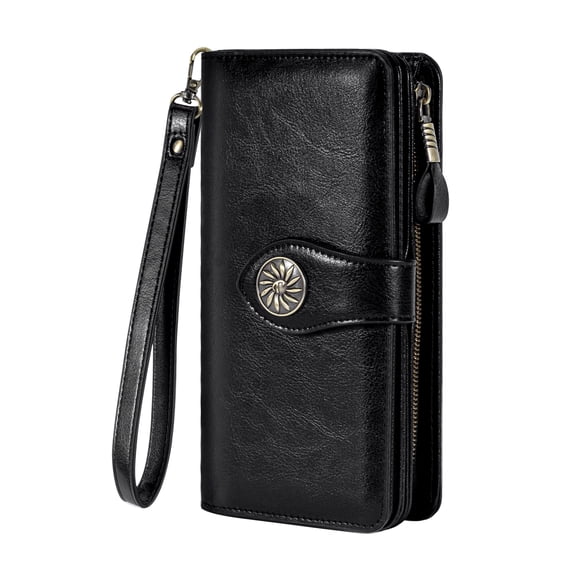 Travelambo Cartera Para Mujer De Gran Capacidad Con Bloqueo Rfid Carteras De Pulsera De Cuero Genuino(Negro)