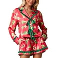 thumbnail image 2 of Wancir Women Christmas Pajamas Set Santa Claus Printed Long Sleeve Button Down Silk Pjs Set 2 Piece Cute Satin Sleepwear, 2 of 4