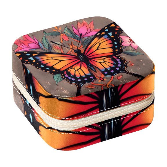 PhooArto Small Jewellery Box, Butterfly and Pink Floral Portable Travel Mini Jewelry Case for Women Leather Ring Organizer